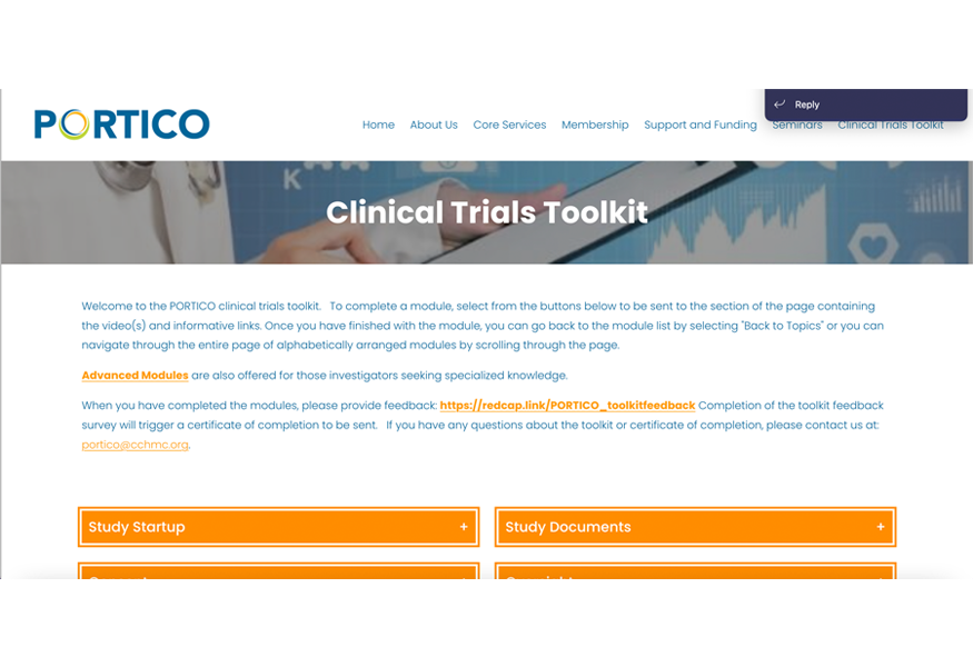 A screenshot shows the PORTICO Clinical Trials Toolkit website