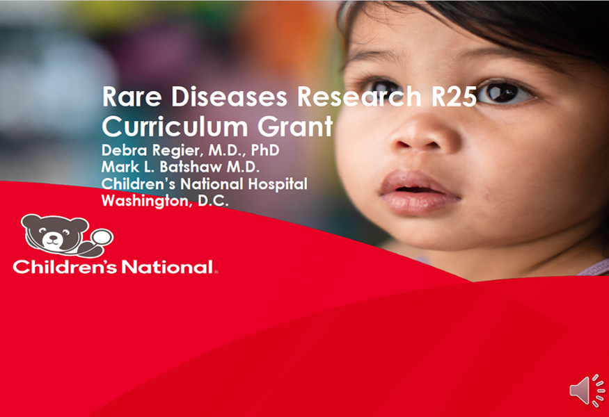 A screenshot from the title page of the Rare Diseases Clinical Research Training Program curriculum grant presentation